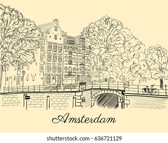 Card with Amsterdam landscape in a sketch style