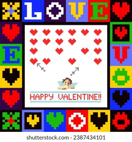 Card with angel and heart in pixel art style for Valentine day. Vector