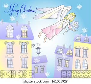 Card with Angel and Snowflakes at the City.Vector Illustration