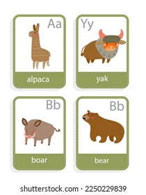 card with  animals alpaca,  yak,  wild boar,  bear,  vector set 