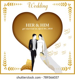 A card to announce the date of a wedding in a harmony of white and gold color.
A married couple, a big heart, plants and doves in decoration.