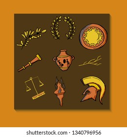 Card with antique vector set : helmet , laurel wreath, scales, vase, torch, shield, olive tree branch. Clip art for invitations, banners.