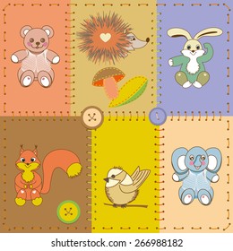 Card application with collection of funny cartoon animals.Patchwork.