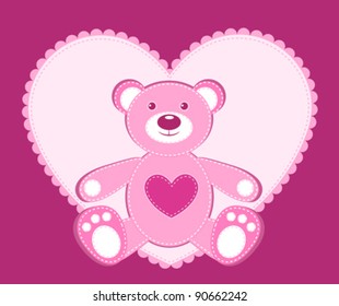 Card with applique bear and heart. Vector illustration.