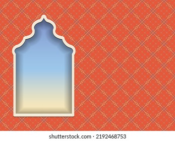 Card with arabic window or gates. Islam Background with arabic door silhouette for Ramadan Kareem banner and invitations Luxury label template. Traditional architecture. Vector illustration