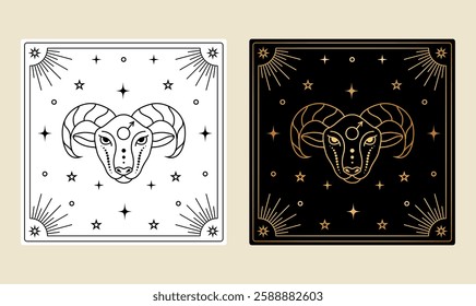 Card with Aries zodiac sign in different design variation.