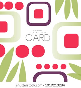 Card with asian pattern, sushi and leaves, original design, decorative element colorful vector illustration