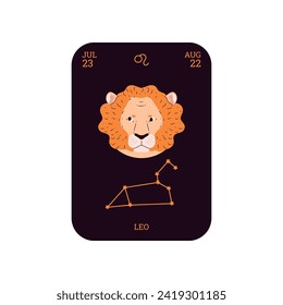 Card with astrology zodiac sign Leo, cartoon style vector illustration isolated on white background. Astrological symbol on black poster, cute picture symbolizing zodiac sign and horoscope.