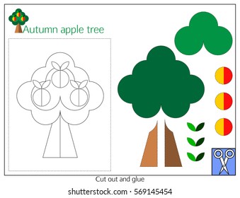 Card "Autumn apple tree" with a paper application details. The template for the early child creativity. Preschool worksheet with paper color details of apple tree. Vector.