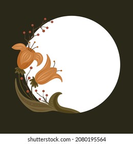 Card with autumn flowers, berries, physalis and place for text. Circle copy space with floral ornament on a dark background. Vector natural template with bouquets for banner, invitation and badges