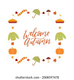 Card with autumn items sweater, scarf, pumpkins, umbrella and leaves. Autumn. Welcome Autumn. Vector graphics