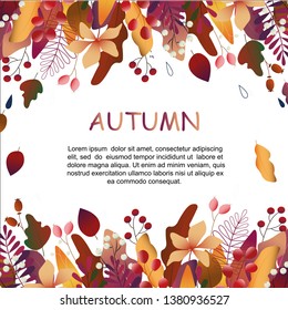 Card with autumn leaves fall, vector floral background with isolated falling leaf. Perfectly for frame, border, banner, backdrop, poster, web design.