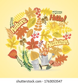Card with autumn leaves,watering-can,bucket,garden invert and hand lettering.
