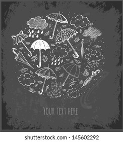 Card with autumn objects on blackboard. Vector illustration. Vector illustration.