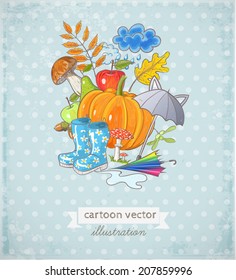 card with autumn objects and place for your text. Vector illustration. 