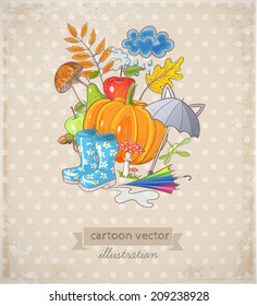 Card with autumn objects and place for your text on vintage dotted background. Vector illustration. 