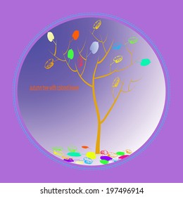 Card with autumn tree in a gradient blue circle and text on a purple background.