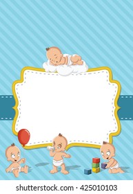 Card with a baby boy wearing diaper. Cute toddler.