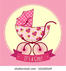 Card with a baby carriage. It's a girl!