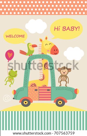 card with baby giraffe in car  - vector illustration, eps