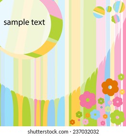 card for baby girl with colorful flowers and butterflies on a colored circles striped background