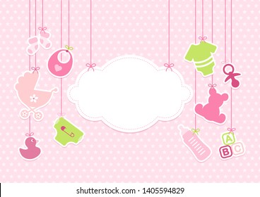 Card Baby Girl Hanging Icons Cloud Stars Pattern Pink