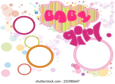 card for baby girl with multicolored flowers and butterflies circles labeled baby girl