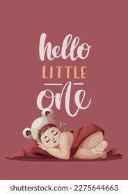 Card with baby girl sleeping in hat with ears. Handwritten text. Newborn, Childbirth, Baby care, babyhood, childhood, infancy concept. Vector illustration for card, postcard, cover.