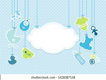 Card Baby Icons Boy And Cloud Background Dots Blue