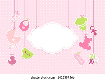 Card Baby Icons Girl And Cloud Background Dots Pink