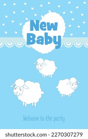 Card baby shower, on a blue background a heart with an inscription, and white sheep.