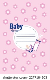 Card baby shower, pink background in a simple flower, inscription and baby things.