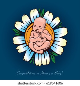Card with the baby. Baby sleeps in the chamomile. Congratulations on Having a Baby.