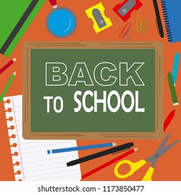 card back to school. Blackboard with space for text and school supplies