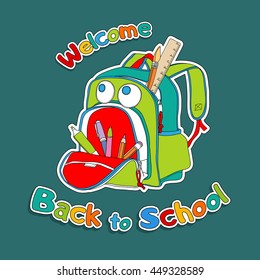 Card "Back to School". Bright Backpack with a eyes and pen, pencil, ruler, brush, marker. Vector illustration.