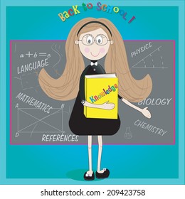 Card back to school. Cute teacher and classroom. Vector illustration