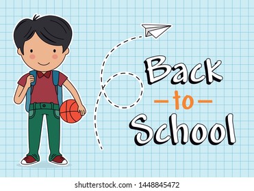 card back to school. Student boy with backpack and ball