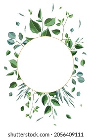 Card or background with branches and green leaves. Spring or summer stylized foliage.