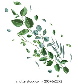 Tarjeta o fondo con ramas y hojas verdes. Follaje estilizado de primavera o verano.