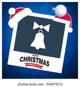 Card Background with Christmas bells. Photo frame with Santa Hat Christmas greeting card background