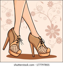 Card or background with elegant woman legs in brown ankle boots on floral decorative background. Series of ankle boots/ spring fashion  collection