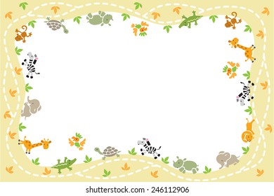 Card with background frame illustration of funny african animals in savannah and place for text