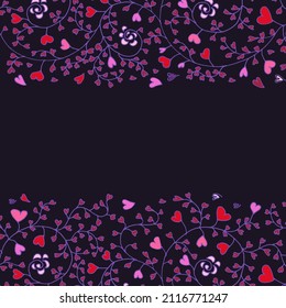 Una carta o fondo con adorno de fondo y de fondo dibujado a mano hecho de pequeños corazones en crecimiento en colores rosa, rojo y morado
