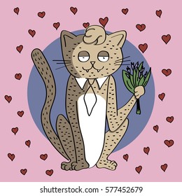card with background hearts. cartoon romantic cat in costume and hairstyle with flowers sitting. Valentine's day