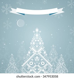 card, background with the image of a Christmas tree in a winter forest, night scene. The stylized image of a Christmas tree, drawing