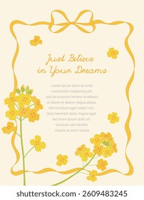 A card background with a ribbon frame and text inside on a rapeseed flower illustration background with a spring season concept.