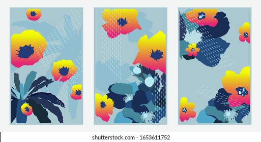 Card background template design of tropical exotic plants and flowers in neon and saturation blue color palette with geomatric line elements, simple and minimal flat design