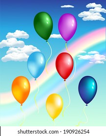Ã?Â beautiful card with balloons on a background of blue sky and rainbow