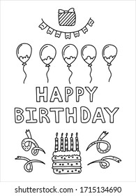 Card with balls and confetti. Black and white illustration in doodle style. Cute cake with candles and hand drawn lettering "Happy Birthday". Vector EPS-10.