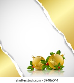 Card with balls, holly and reflection on ripped paper background